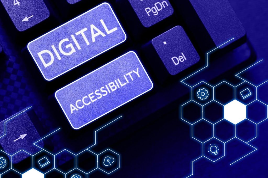 Text graphic: "Digital Accessibility" with technology elements for business and data